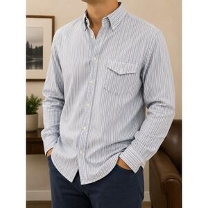 Lands' End Men's XXL 16-18½ Blue White Striped Button Down Shirt 100% Cotton
